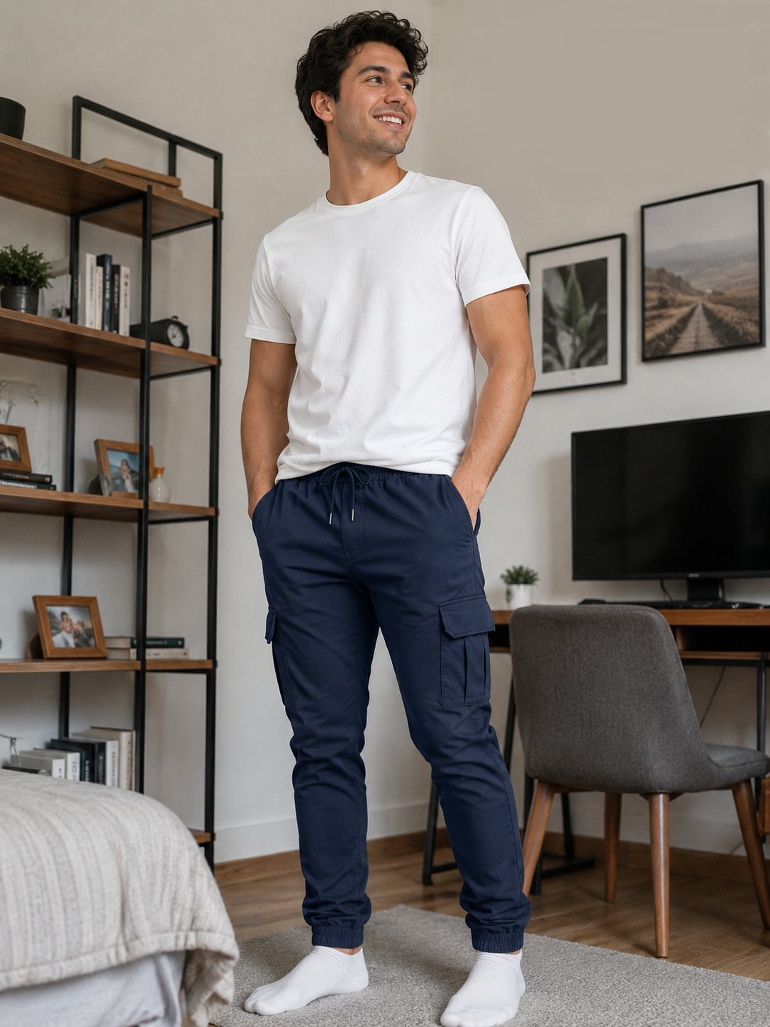 A man wearing a white crewneck t-shirt and navy blue cargo jogger pants stands in a modern bedroom setting.
