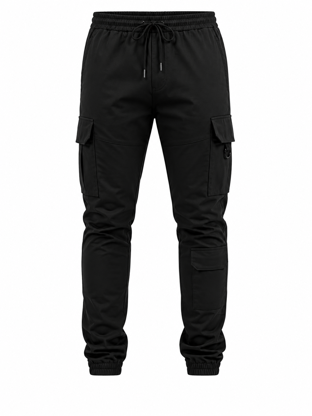 Black cargo jogger pants with an elastic drawstring waist, side cargo pockets, and elastic cuffs, shown on a plain white background.