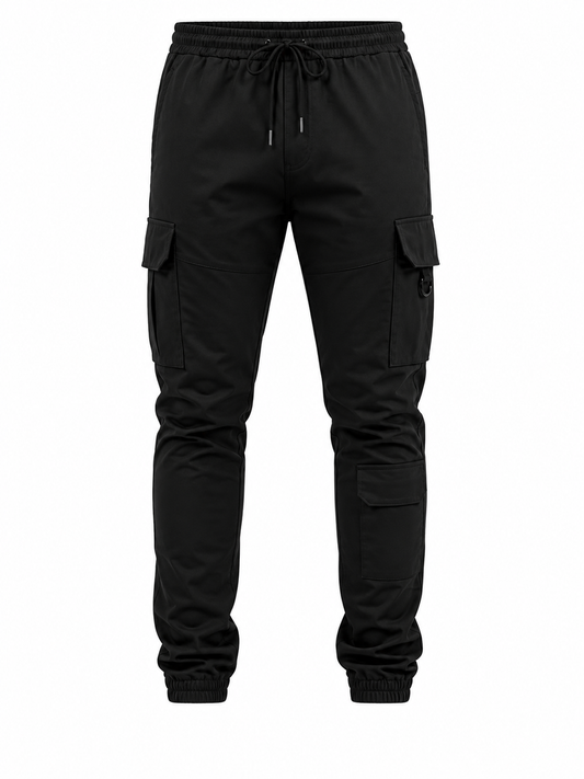 Black cargo jogger pants with an elastic drawstring waist, side cargo pockets, and elastic cuffs, shown on a plain white background.