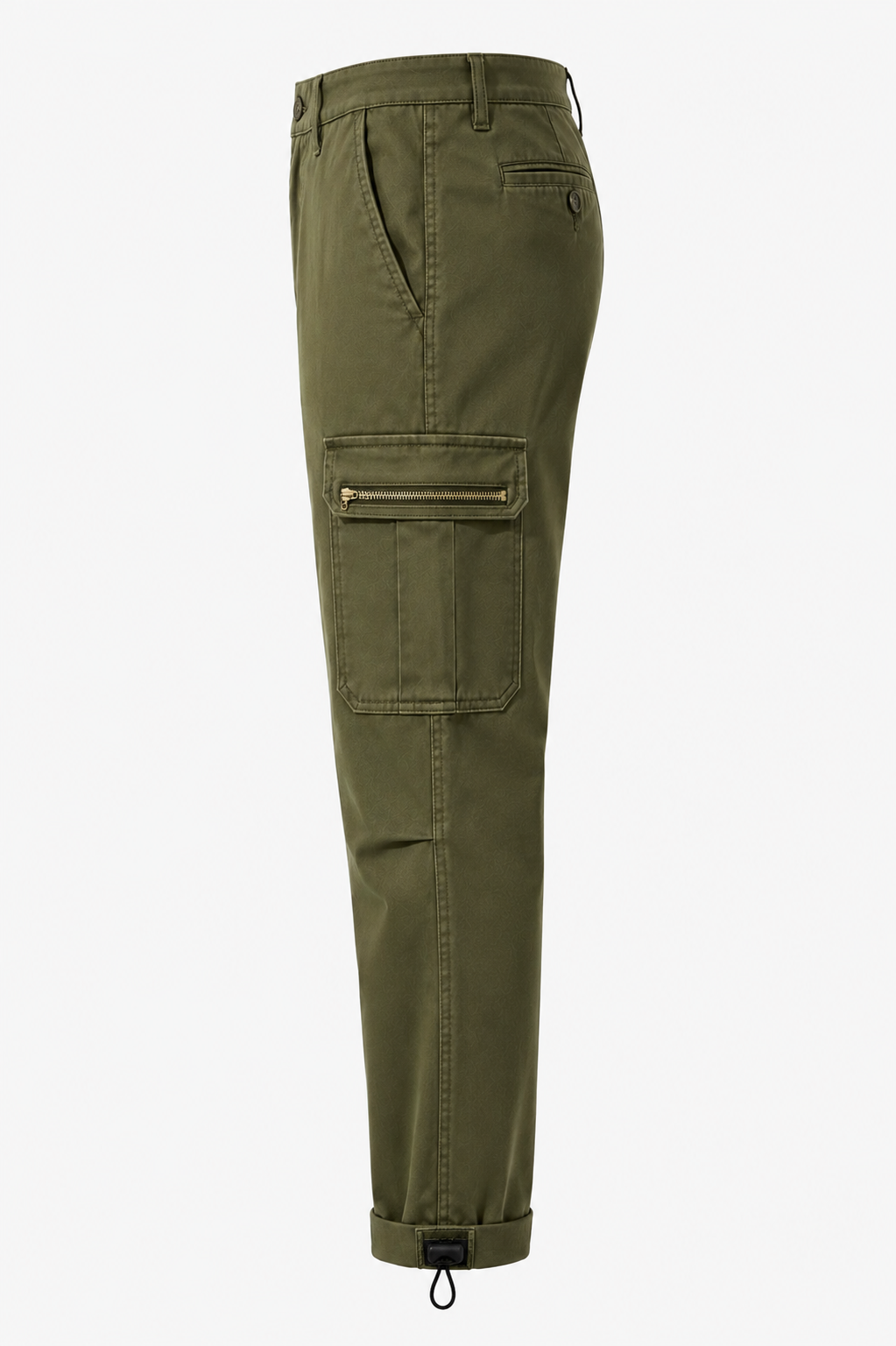 Olive green cargo pants shown from the side profile against a plain white background.