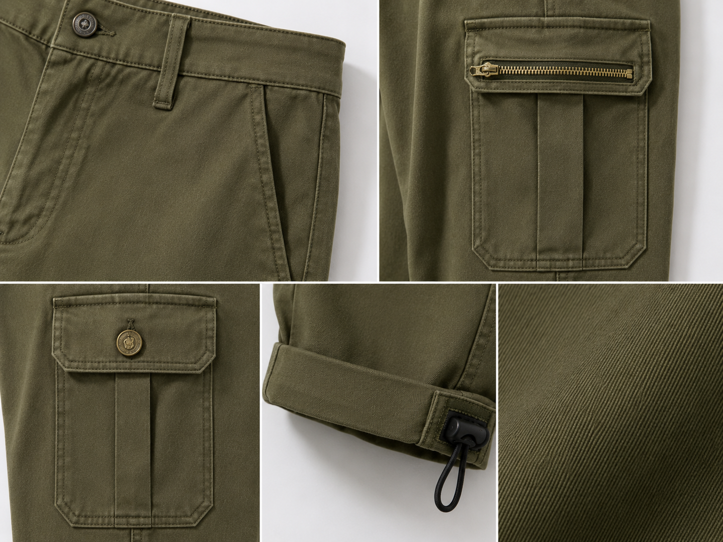Olive green cargo pants shown in a five-panel detail collage, featuring close-ups of a button waistband, a zippered pocket, a buttoned flap pocket, a rolled cuff with a drawcord, and the fabric texture.