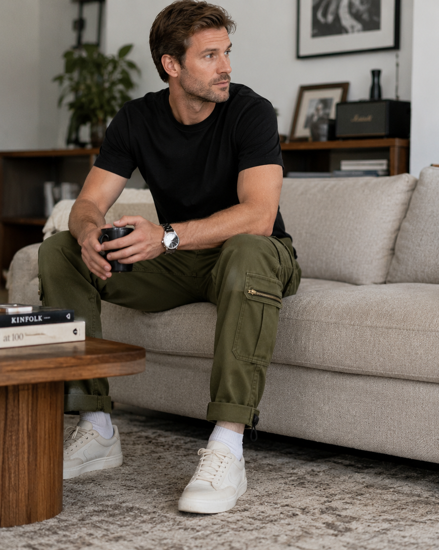 A man sitting on a light beige sofa in a living room, wearing a black t-shirt, olive green cargo pants, and white sneakers.