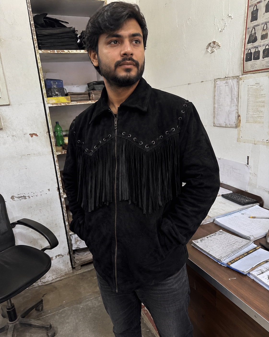 Men's Black Suede Fringe Jacket ghost mannequin front view showing full silhouette and fringe detail