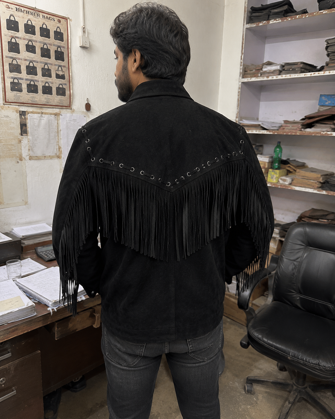 Men's Black Suede Fringe Jacket mannequin side view showing fringe length and western yoke profile