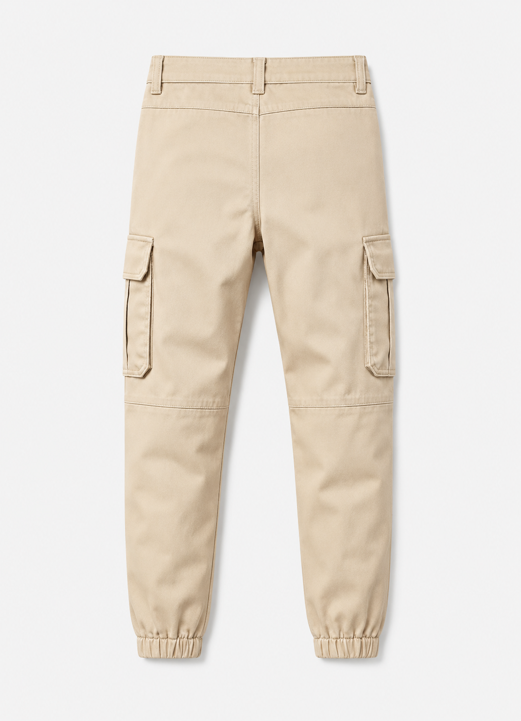 Men's Stone Cotton Twill Ripped Cargo Jogger Trousers back view showing double flap cargo pockets and elasticated cuff