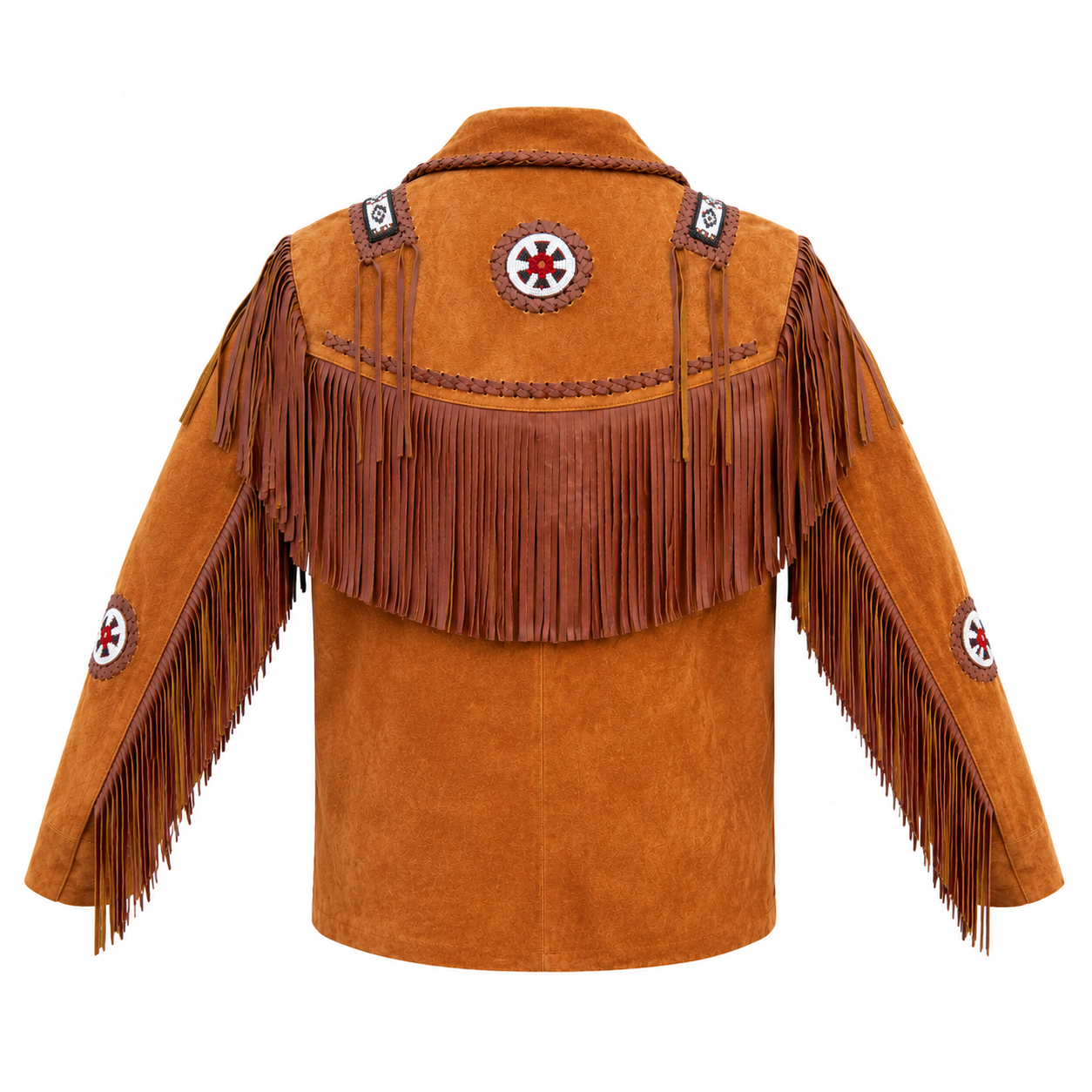 Men's Tan Suede Leather Jacket back view showing full fringe across yoke, Native American beadwork medallion and whipstitch detail