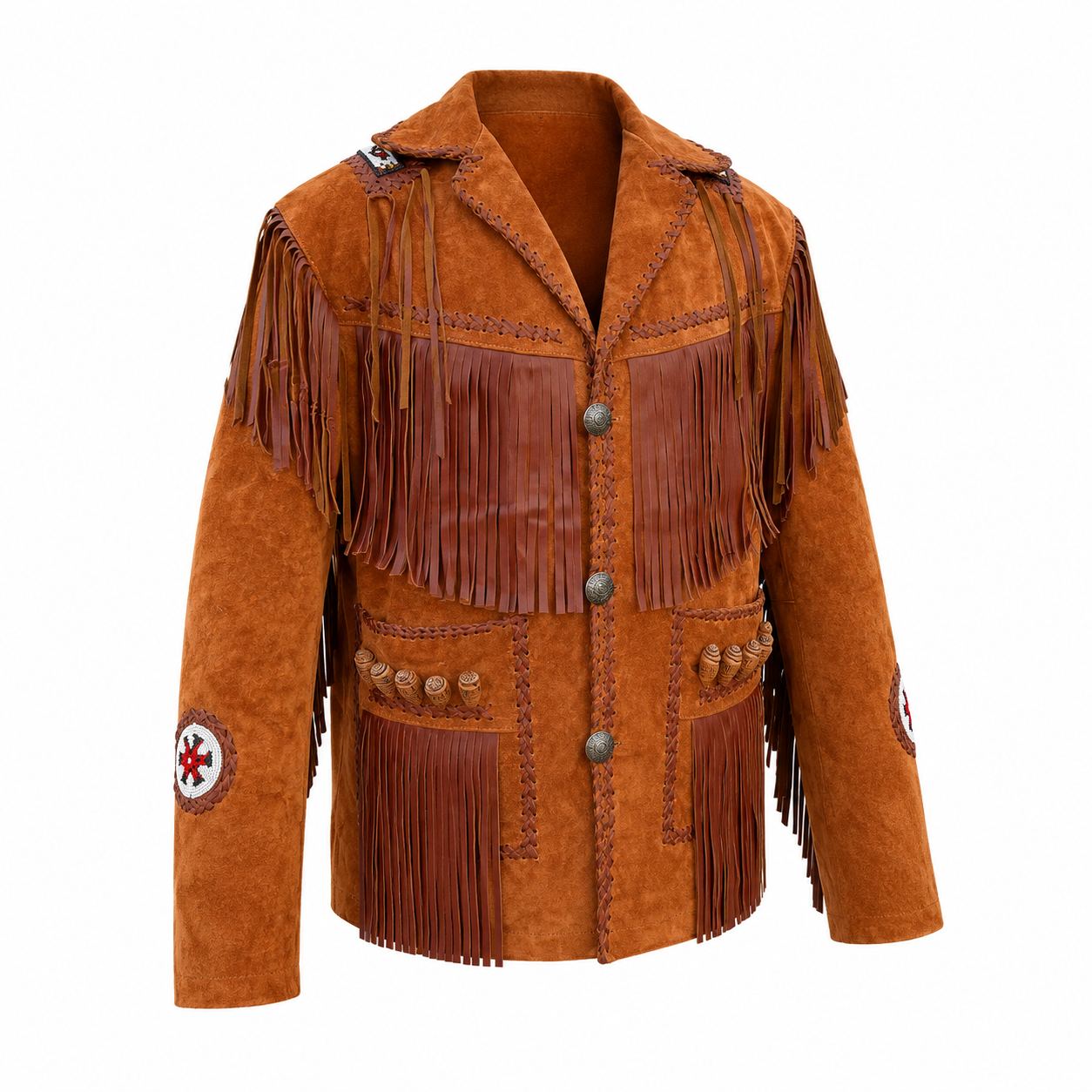 Men's Tan Suede Leather Jacket 3/4 front angle view showing fringe, beaded sleeve medallion and concho button closure