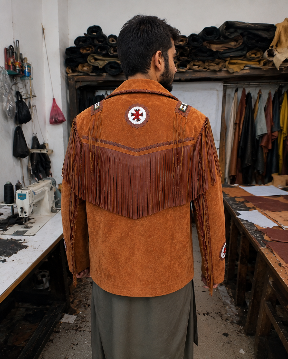 A man viewed from behind wearing a tan suede fringe jacket in a leatherworking workshop. The jacket features a large fringed yoke, decorative stitching, and a circular white patch with a red cross on the upper back.