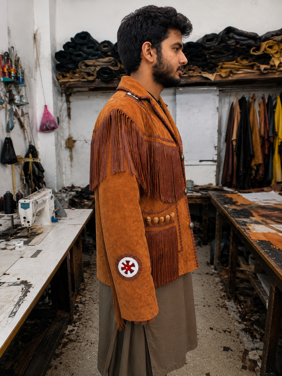 A man in profile wearing a rust-orange suede fringe jacket with a circular white and red patch on the sleeve, standing inside a leatherworking workshop.