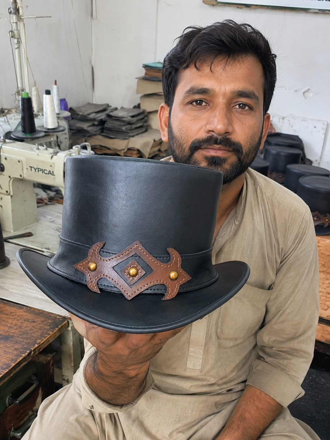 Black leather steampunk top hat side view with brown ornamental band – Like Leather