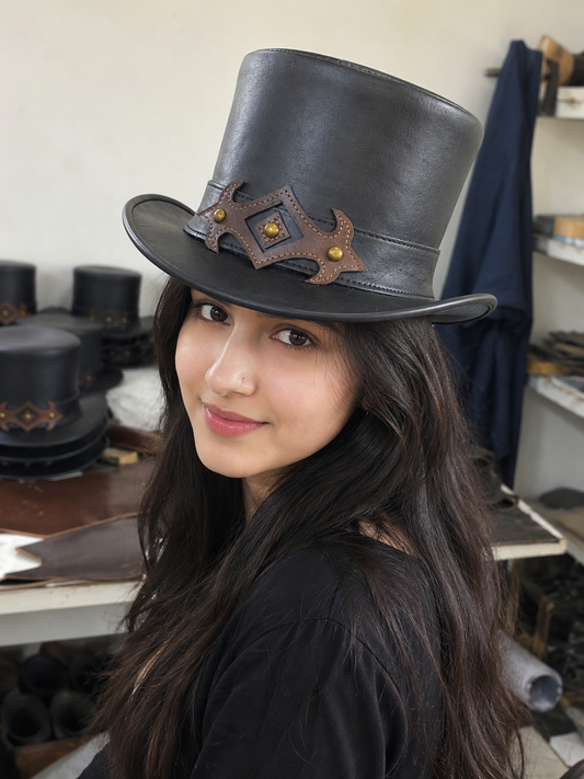 Black leather steampunk top hat angled side view with brown band – Like Leather