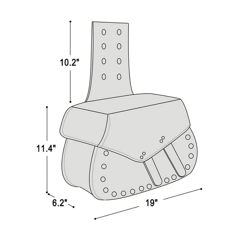 Measurement chart of a leather saddle bag with dimensions labeled.