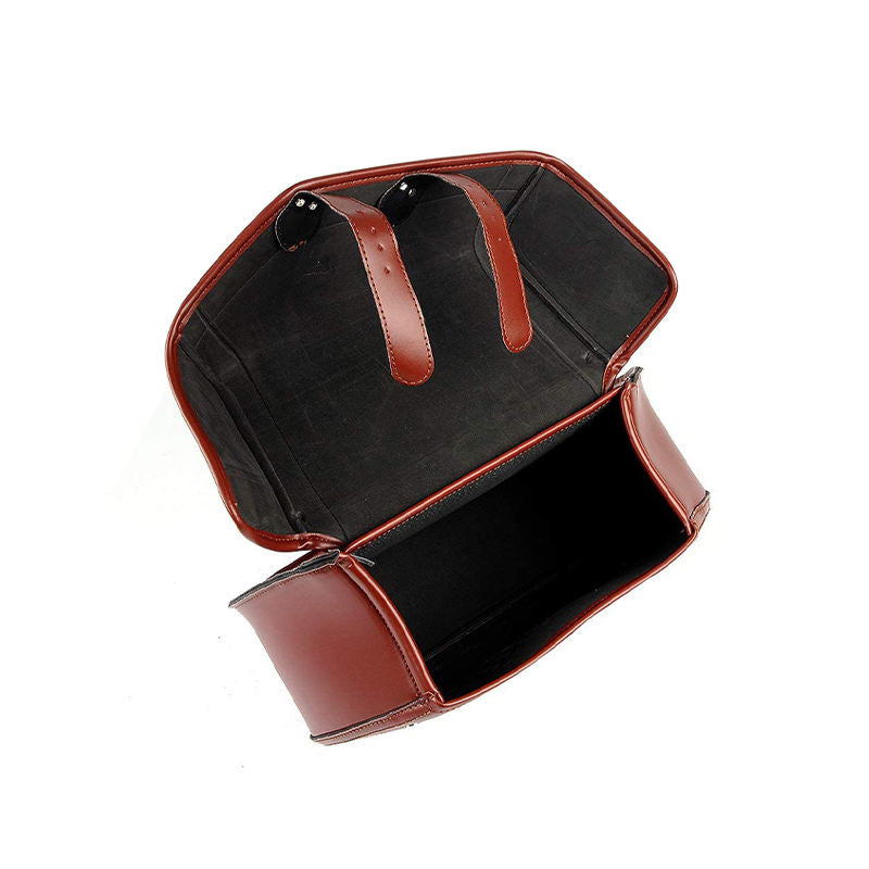 Brown leather bag with open top on a white background