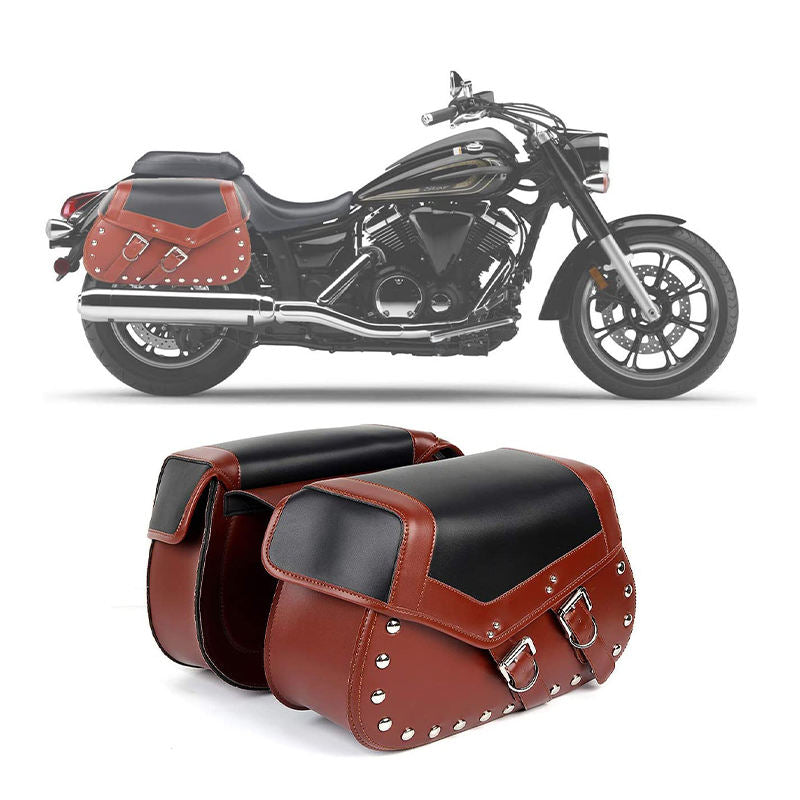 Motorcycle with brown and black saddlebags on a white background