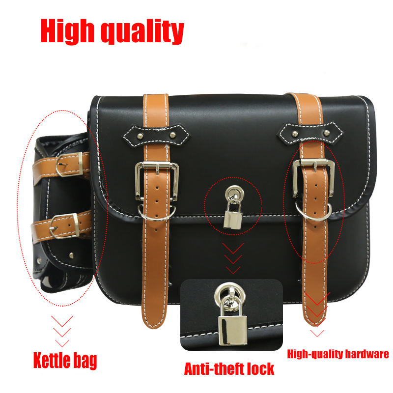 Black leather bag with brown straps and anti-theft lock on a white background, labeled 'High quality'.