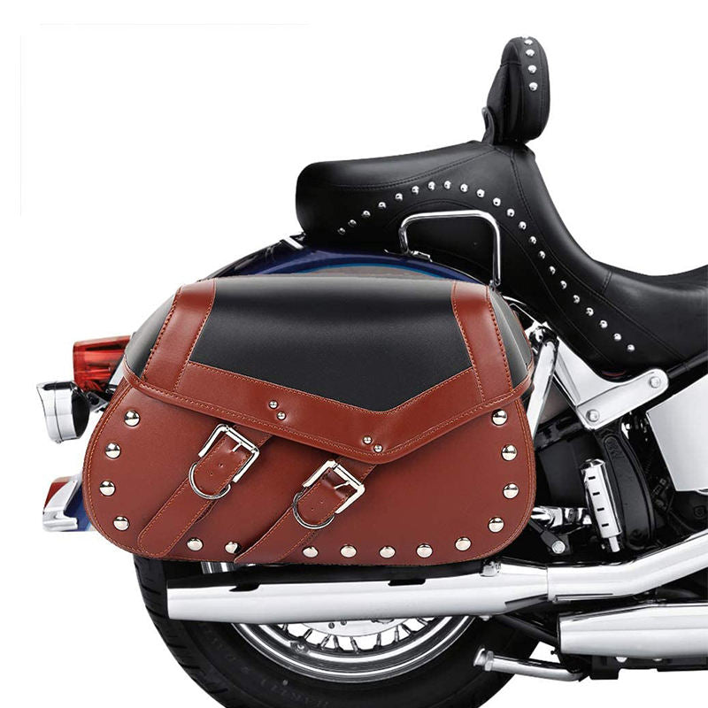 Brown leather motorcycle saddlebag with studs on a white background
