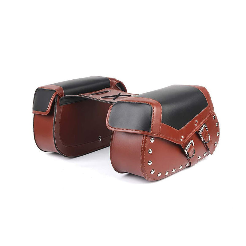 Pair of brown leather saddlebags with black interior on a white background