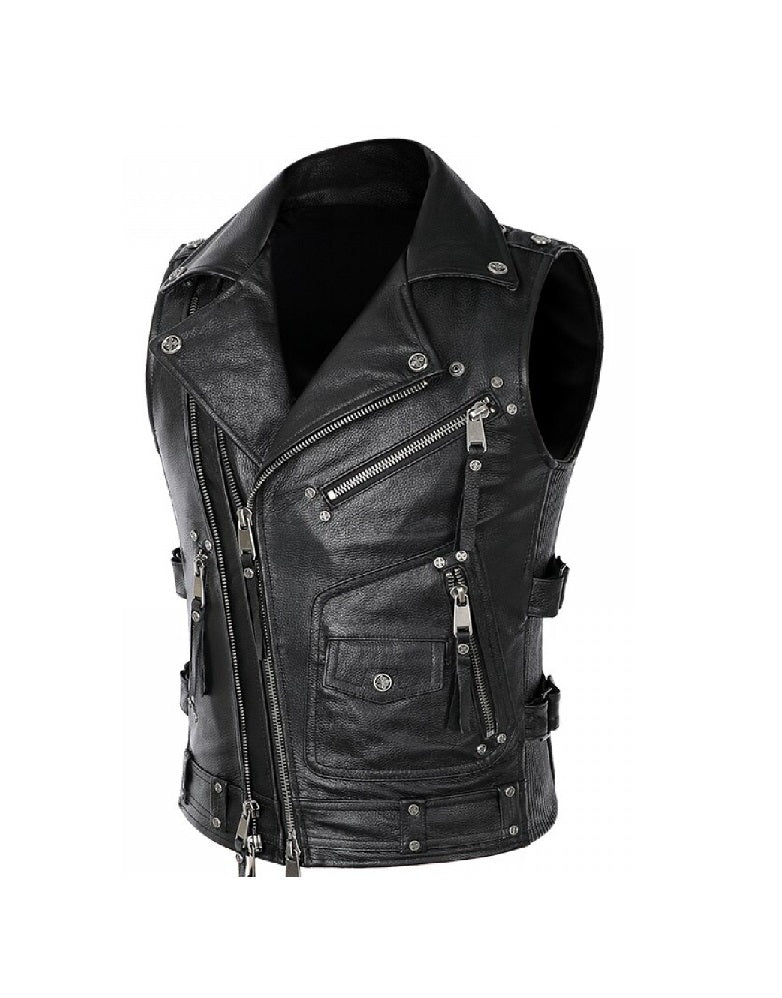 Black leather vest with zippers and buttons