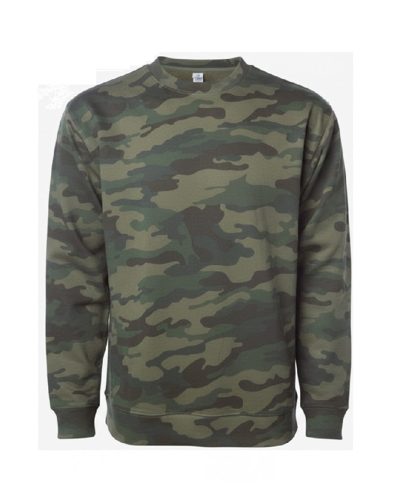 A long-sleeve crewneck sweatshirt featuring a classic green and brown camouflage pattern, displayed against a plain white background.