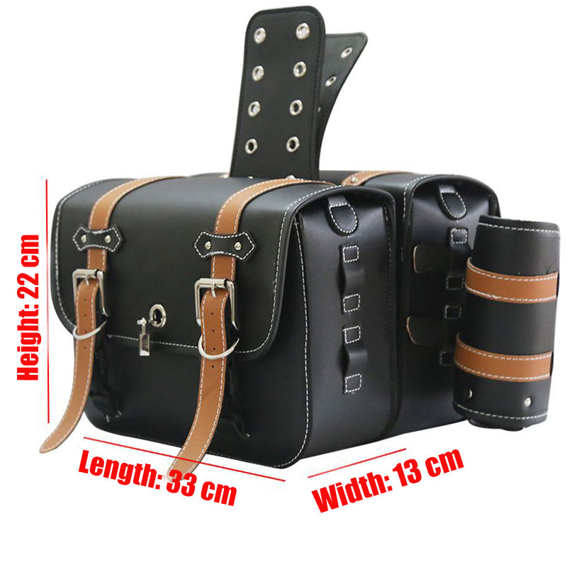 Black leather bag with brown straps and measurements on a white background