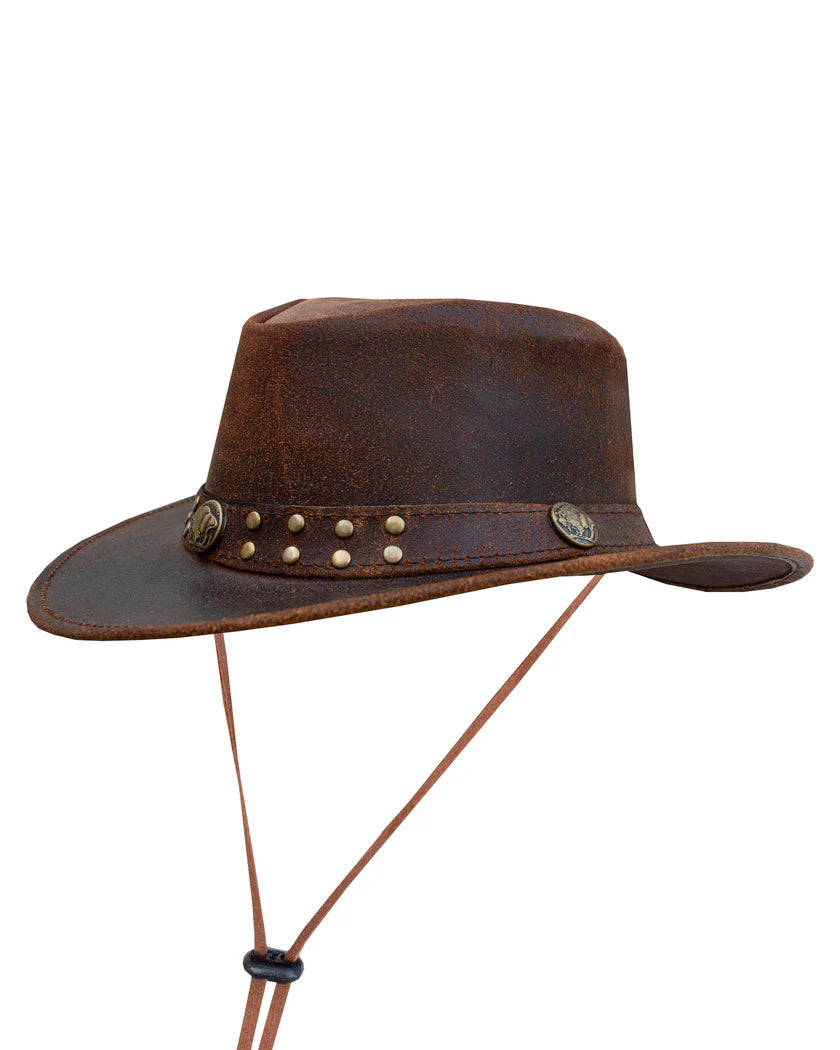 Brown distressed premium leather western cowboy hat with metal studs, conchos, and adjustable chin strap.
