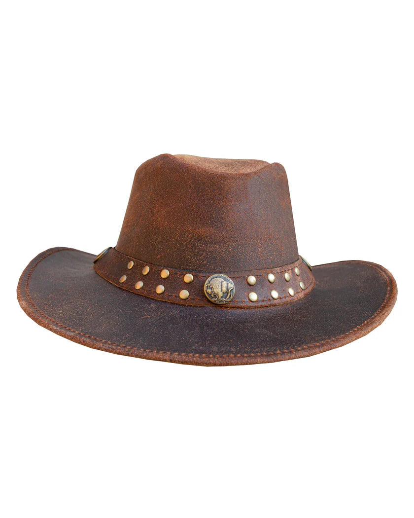 Front view of a brown distressed leather western cowboy hat featuring a studded band with a central buffalo nickel concho.