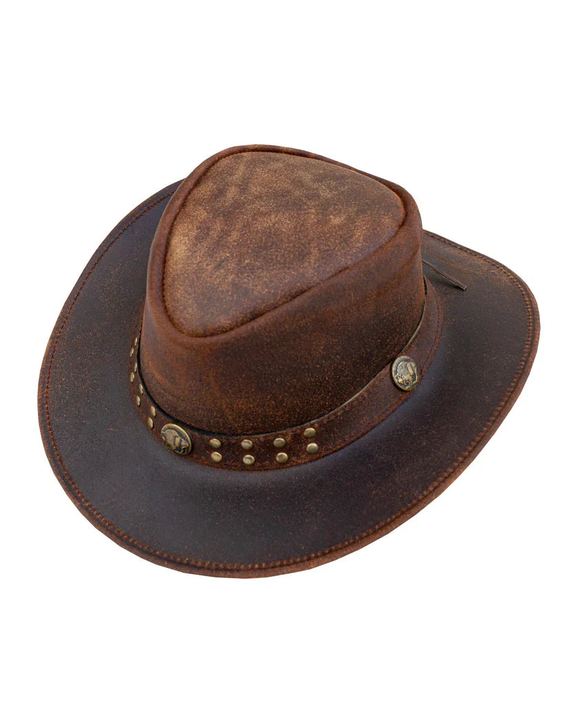 Top-down view of a brown distressed leather western cowboy hat showing the contoured teardrop crown, curved brim, and studded band.