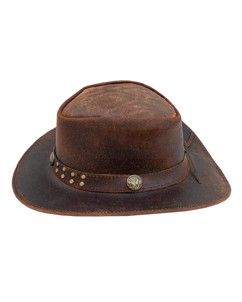 Rear view of a brown distressed leather western cowboy hat showcasing the back crown curve, stitched brim edge, and studded leather band.