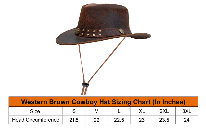 Sizing chart for a Western brown leather cowboy hat displaying head circumference measurements in inches for sizes Small to 3XL.