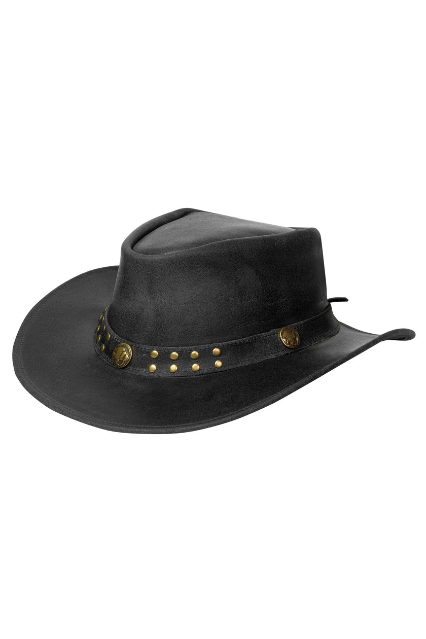 Men's black leather outback hat – three-quarter view showing dual buffalo nickel conchos and gold stud hatband