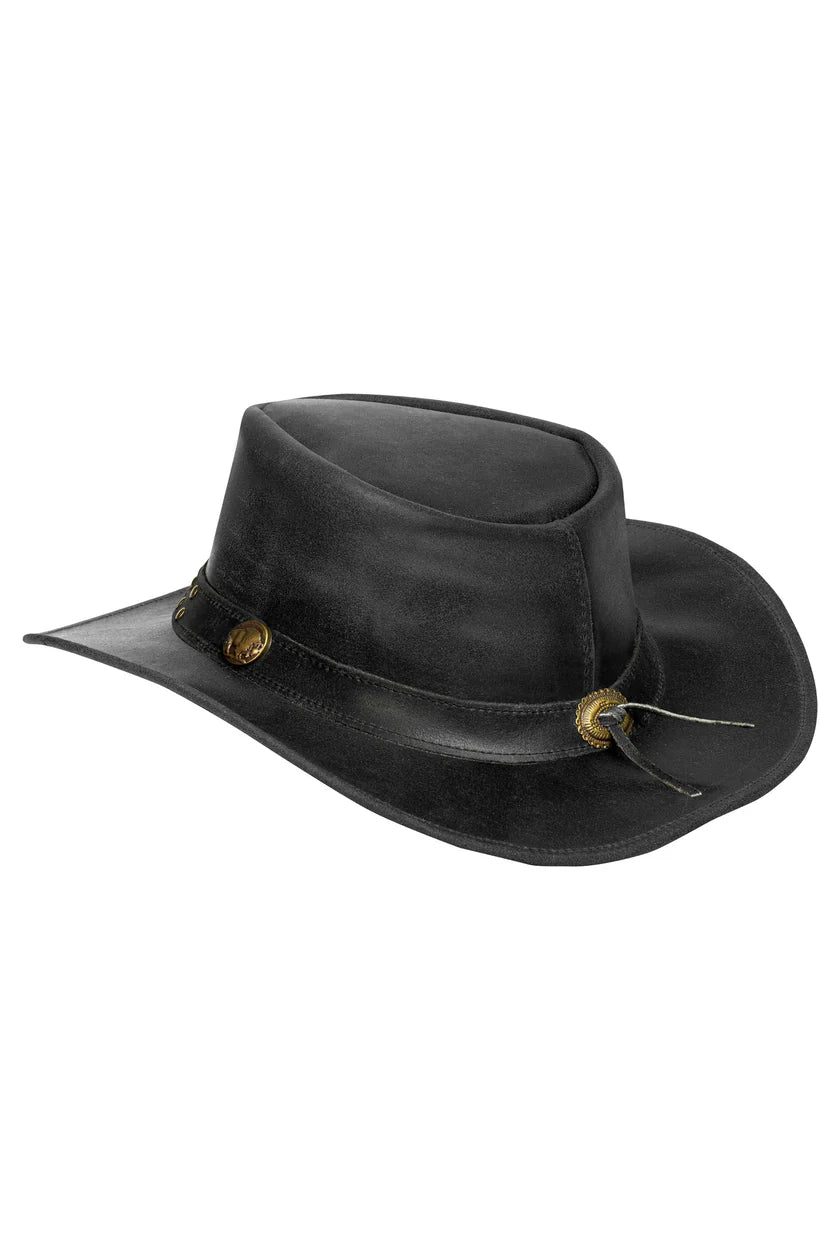 Men's black leather outback hat – side view showing concho detail, chin cord toggle and wide stitched brim