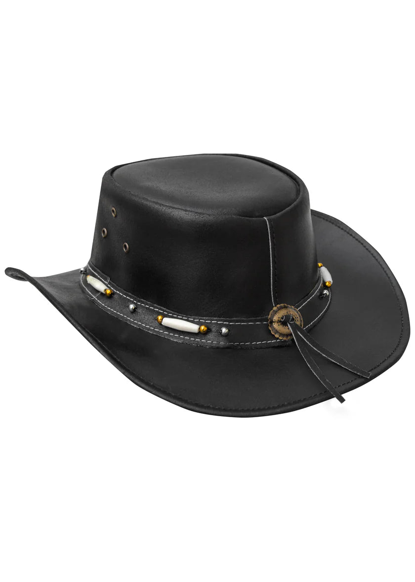 Men's black leather outback cowboy hat – side view showing bone bead band, bronze concho medallion and ventilation eyelets