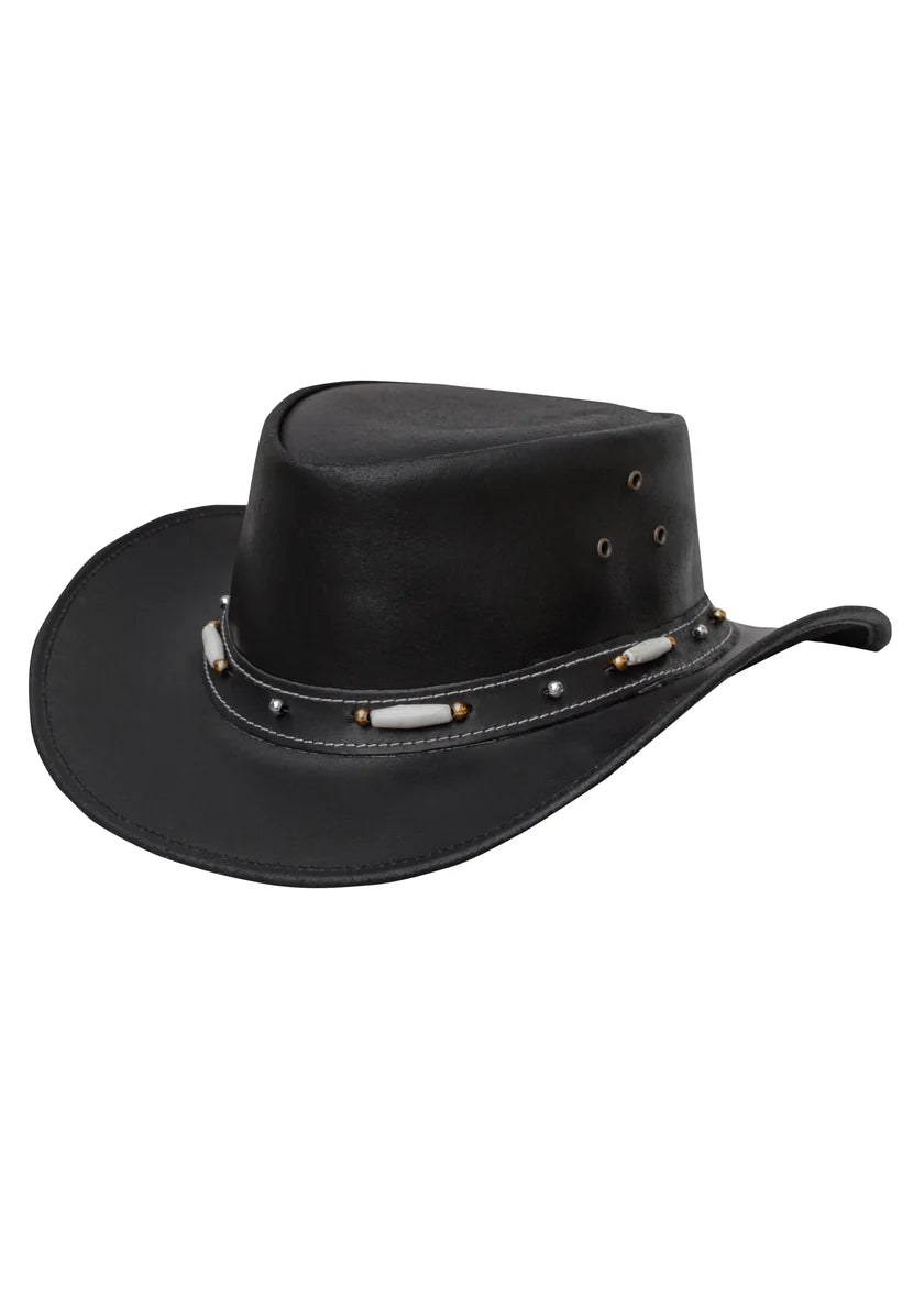 Men's black leather western cowboy hat – three-quarter view showing structured crown, wide brim and bone bead hatband