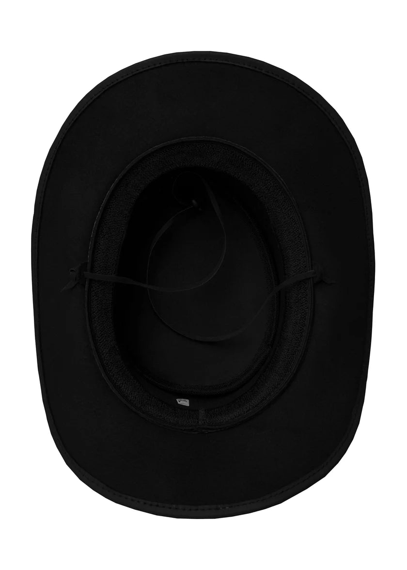 Interior of men's black leather cowboy hat showing black suede lining and sweatband