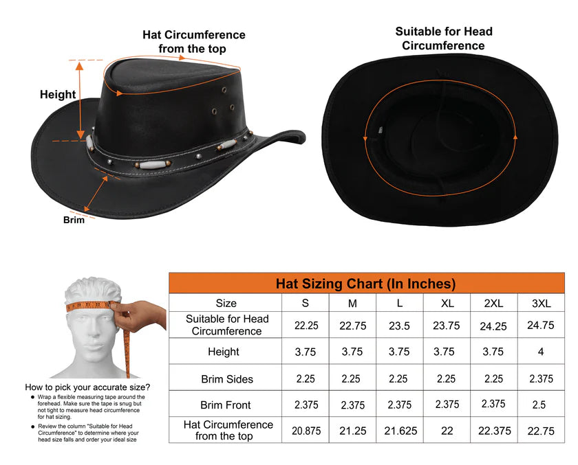 Men's black leather cowboy hat sizing chart showing head circumference in inches for sizes S to 3XL with brim and height measurements