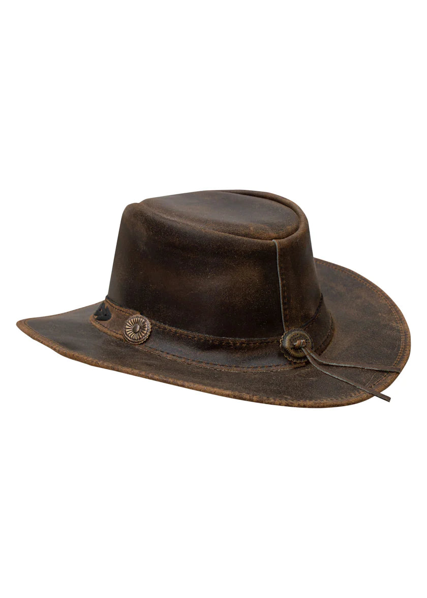 A dark brown distressed leather cowboy hat with a decorative band and a small round metal emblem, shown 
