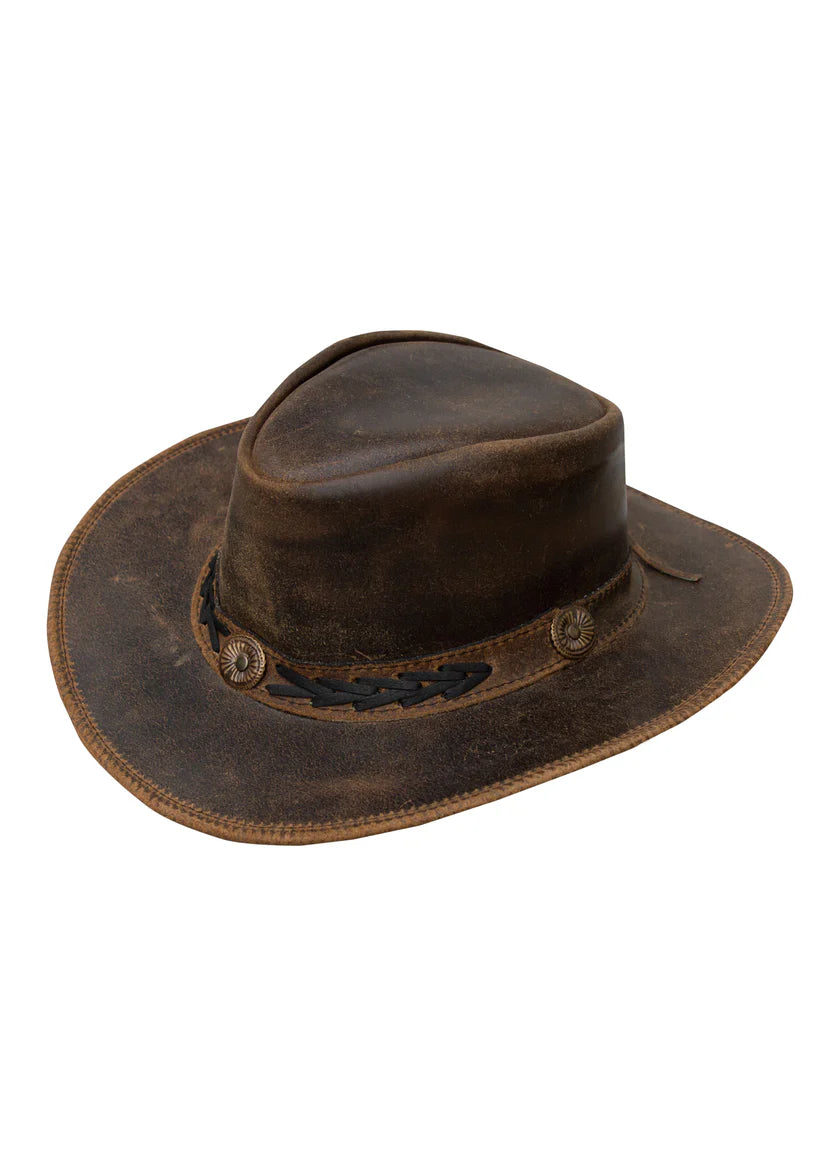 Men's distressed leather Australian hat – three-quarter view showing wide brim, stitched edge and dual concho hatband