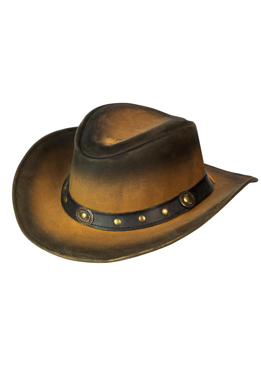 Men's distressed leather cowboy hat – side view showing wide brim, stitched edge and dual concho leather band