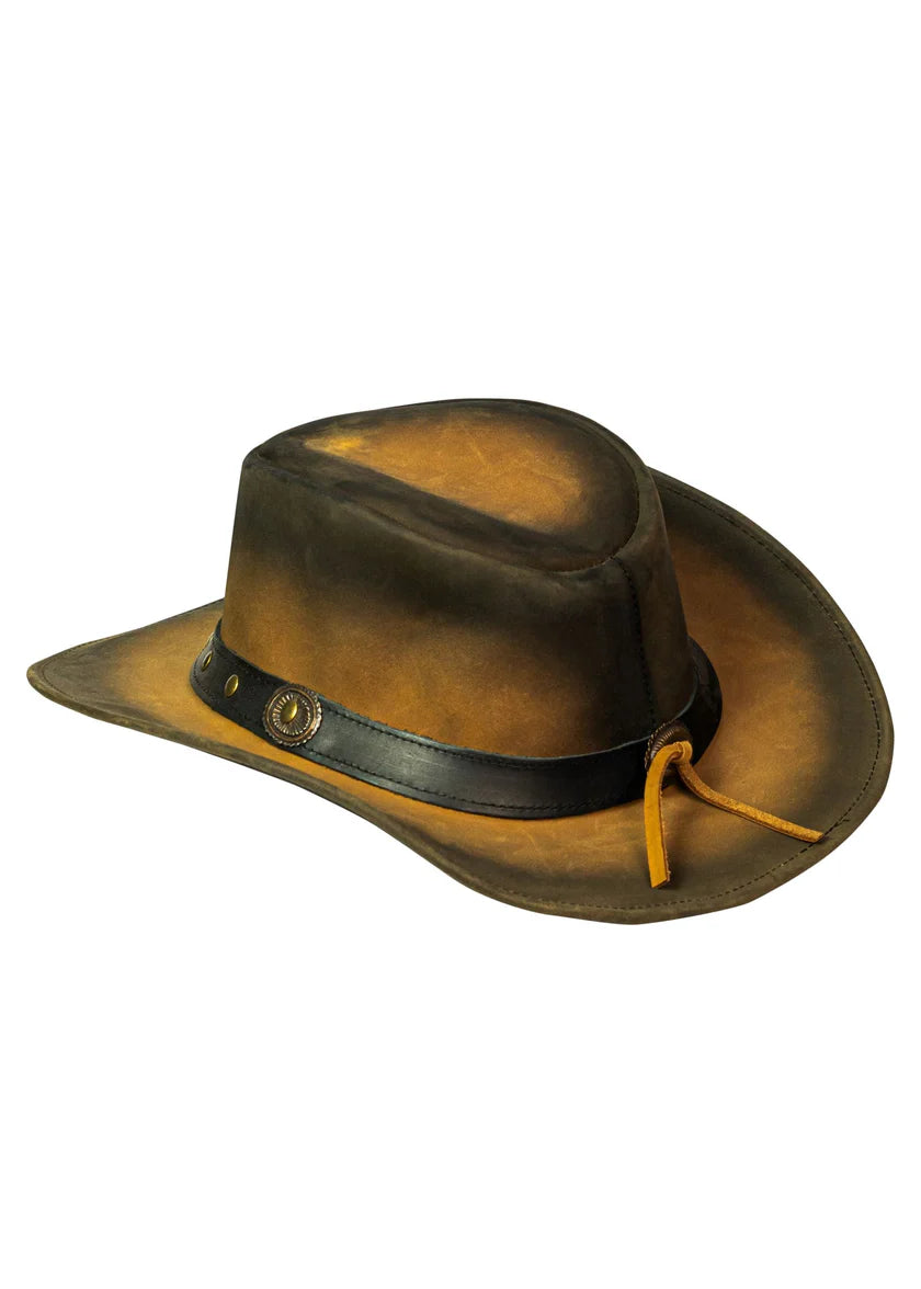 Men's distressed leather cowboy hat – side view showing wide brim, stitched edge and dual concho leather band