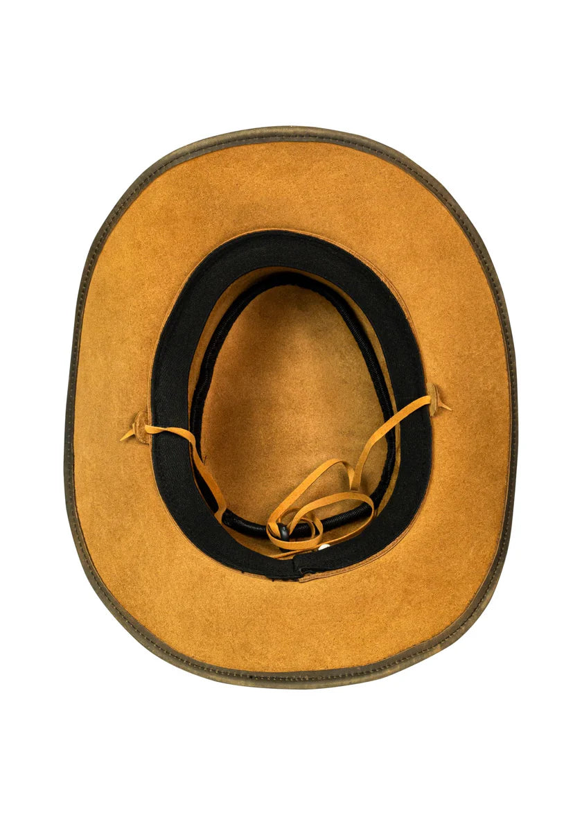 Interior of men's distressed leather cowboy hat showing suede lining, black sweatband and leather chin cord attachment