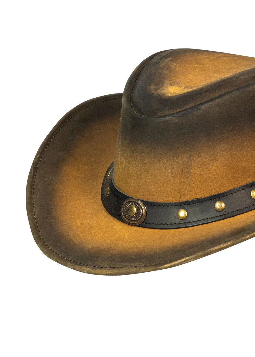 Close-up of men's leather cowboy hat band showing dual bronze concho medallions and gold stud detailing