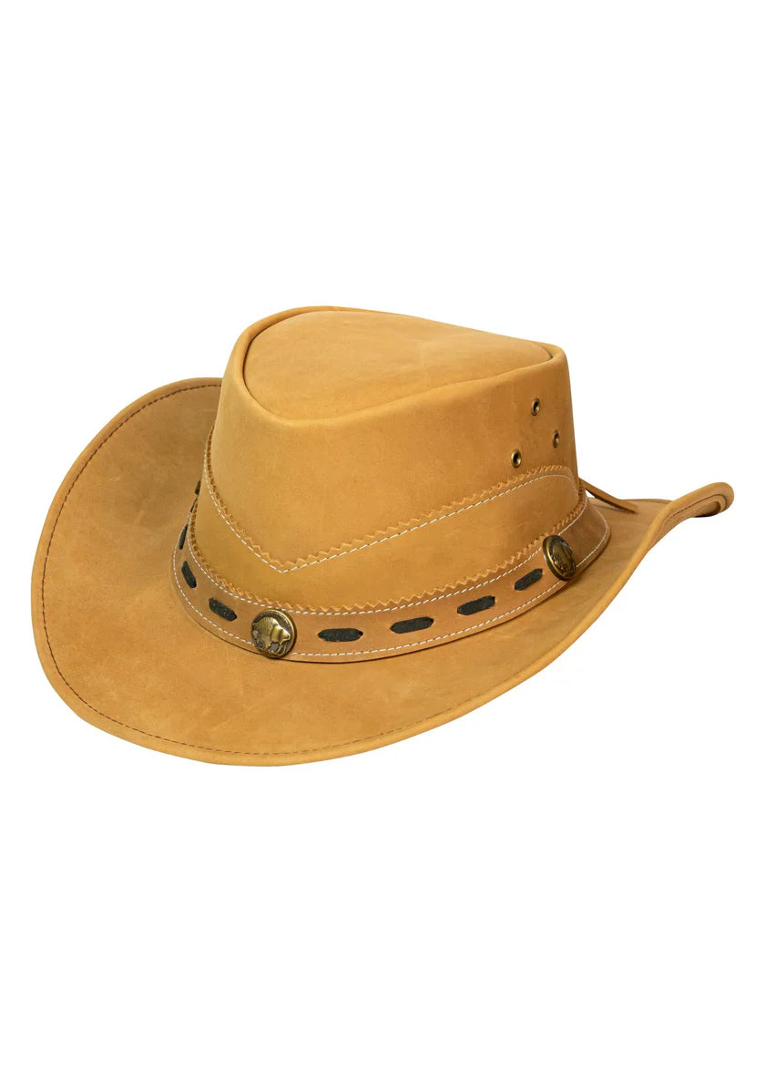 Close-up of camel leather cowboy hat band showing buffalo concho medallion and contrast stitching detail