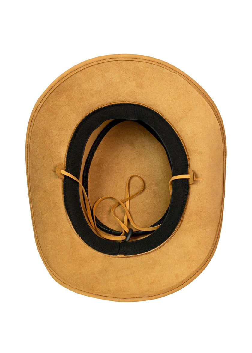 Interior of camel leather cowboy hat showing fabric sweatband lining and leather chin cord attachment