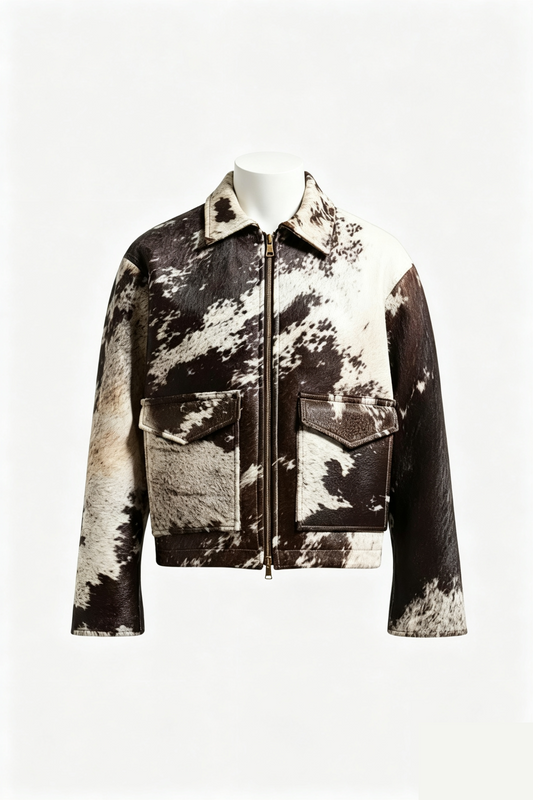 A cropped zip-front jacket with a brown and off-white cowhide pattern, displayed on a white mannequin against a plain white background.