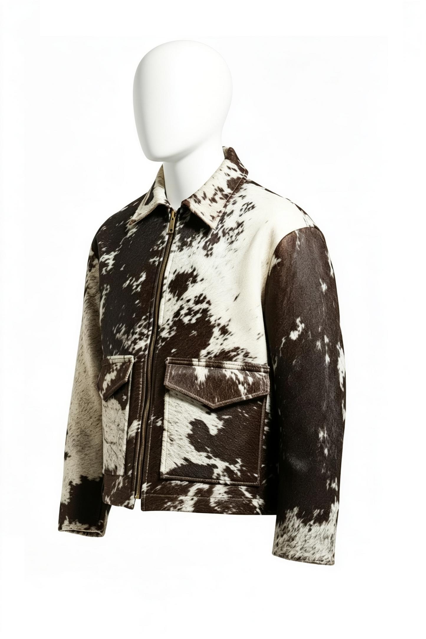 A cow-print leather jacket displayed on a white mannequin against a plain white background. The jacket features a brown and cream cowhide pattern with a solid dark brown collar, front zipper, and two large front flap pockets.