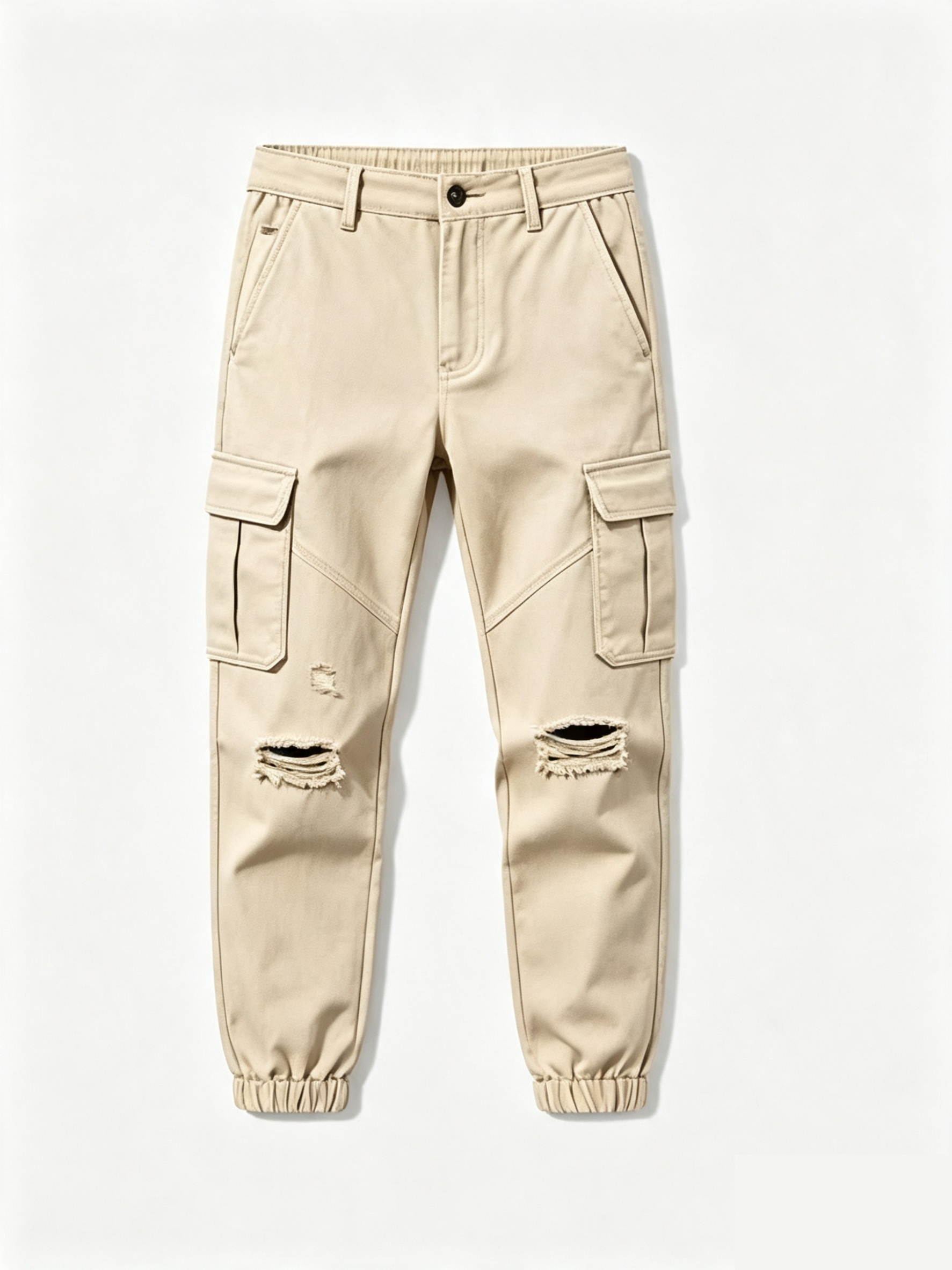 Beige cargo jogger pants with distressed rips on the lower legs, elastic cuffs, and flap cargo pockets, shown flat on a white background.