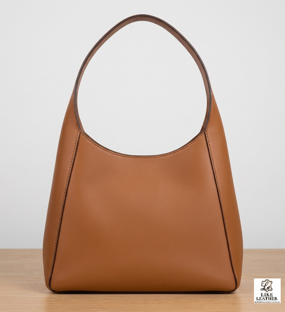 Rear view of LIKE LEATHER tan hobo bag showing high-quality stitching and smooth pebbled leather finish.