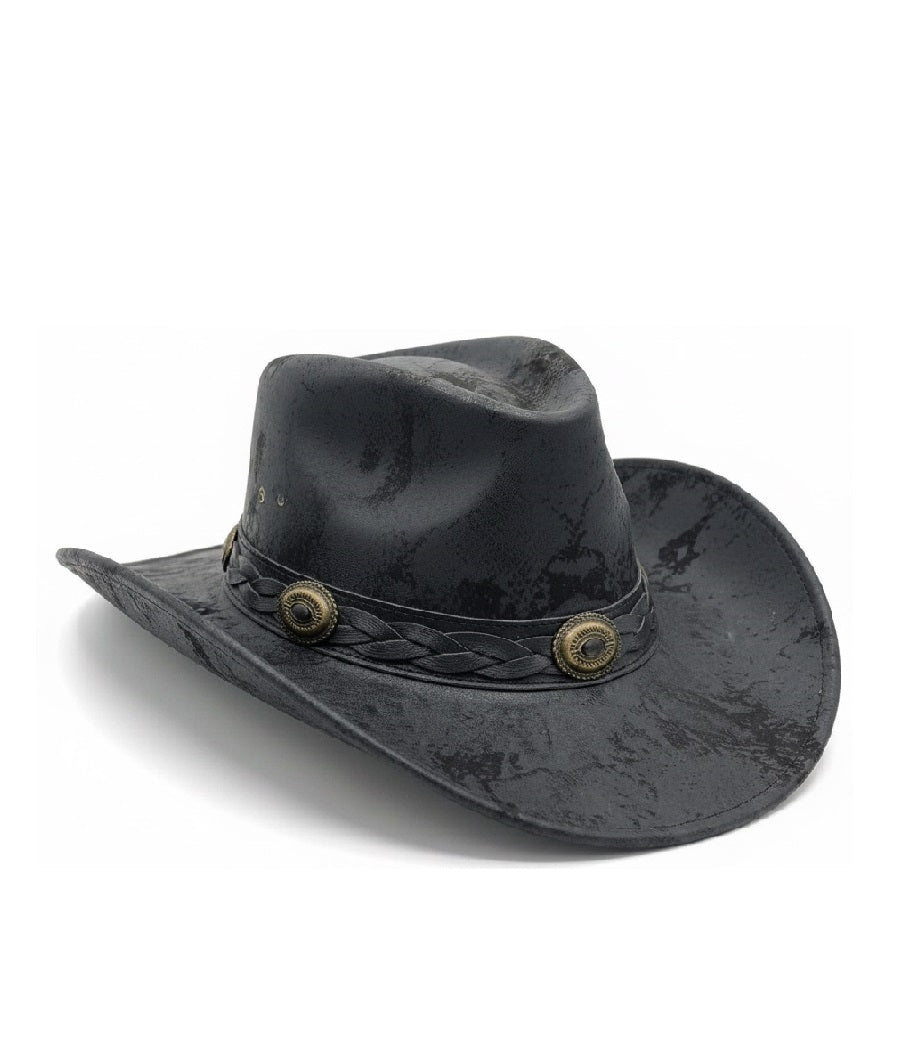 A black distressed-texture cowboy hat with a braided band and two gold-toned conchos, shown on a white background.