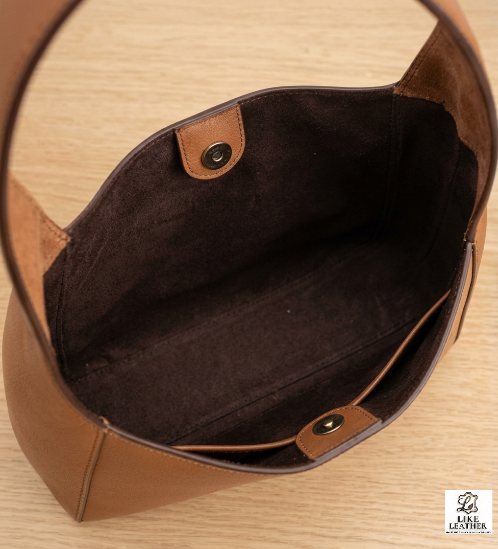 Side profile of LIKE LEATHER hobo bag showing the elegant curved silhouette and wide comfortable shoulder strap.
