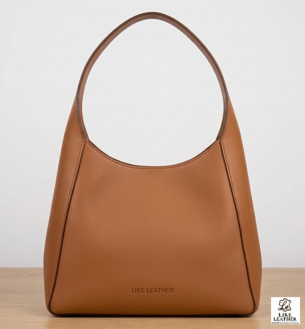  LIKE LEATHER tan pebbled leather hobo bag with embossed brand name front view UK.